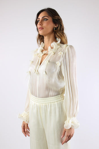Camicia Effetto Spalmato Inserto Piume Panna - 4