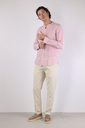 Camicia Coreana Lino Riga Corallo - 4