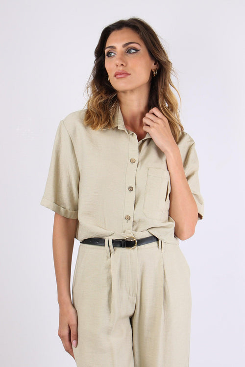 Camicia Corta Tasche Misto Lin Salvia