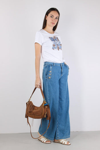 Jeans Flare Bottoni Strass Denim Chiaro - 5