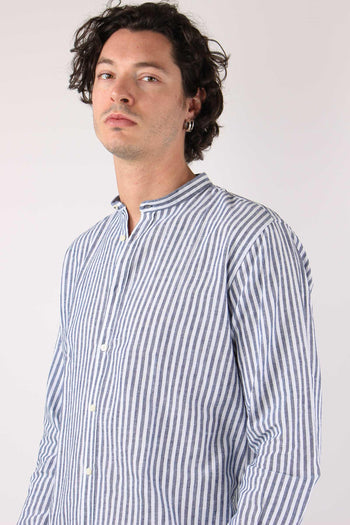 Camicia Coreana Lino Riga Blu Navy - 7