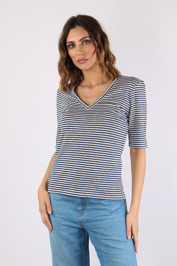 Opzione T-shirt Scavo V Riga Ecru/blu - 2