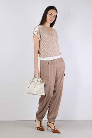 Maglia Scollo V Bottoni Riga Almond/white - 5