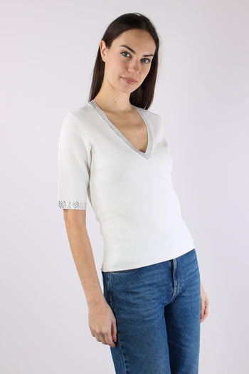 Maglia Scollo V Strass Bianco Lana - 7