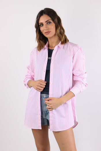 Camicia Cotone Riga Ricamo Schiena Bianco/rosa - 3