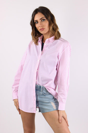 Camicia Cotone Riga Ricamo Schiena Bianco/rosa - 2