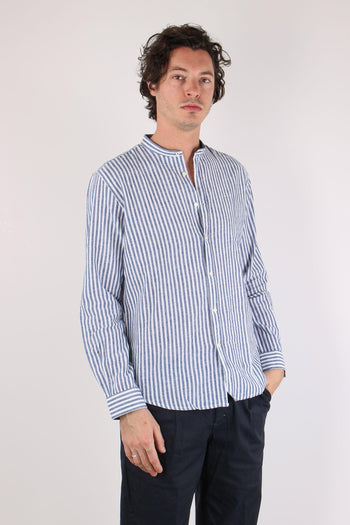 Camicia Coreana Lino Riga Blu Navy - 6