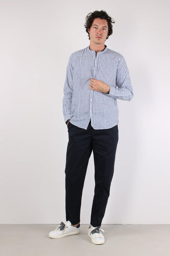 Camicia Coreana Lino Riga Blu Navy - 4