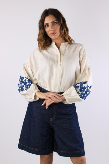 Destro Camicia Lino Ricami Ecru - 2