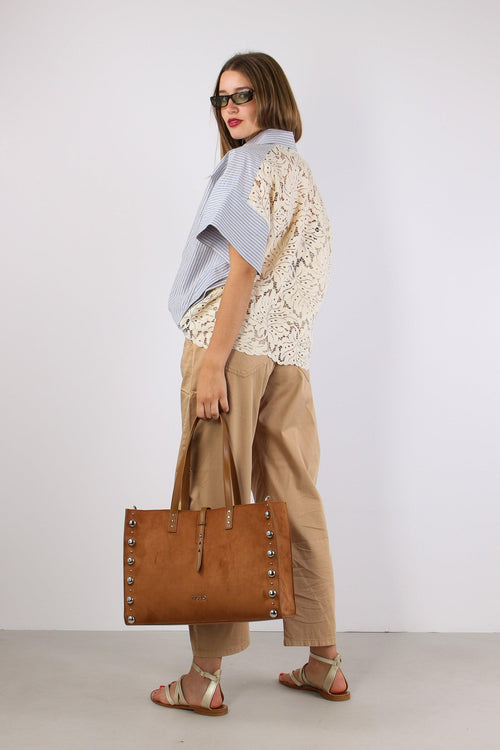 Camicia Over Bastonetto Pizzo Azzurro/beige