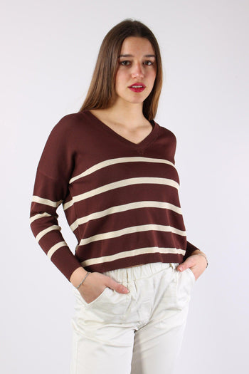 Maglia Scollo V Righe Moro/panna - 5