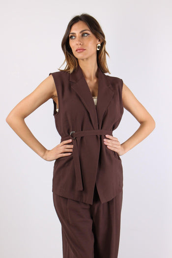 Gilet Cinturato Misto Viscosa Cioccolato - 4