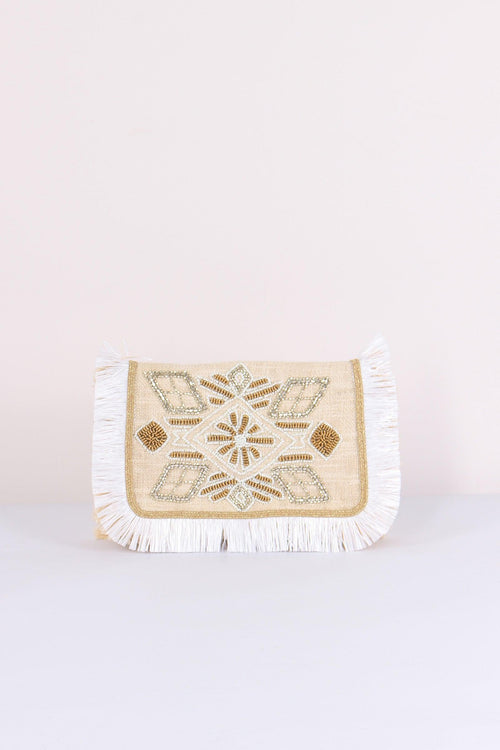 Pochette Ricami Frange Bianco
