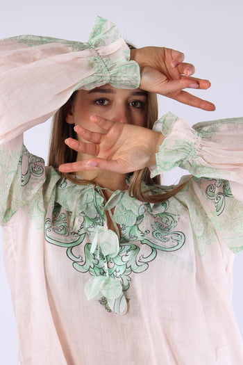 Camicia Lino Fantasia Inserto Nappine Crema/verde - 2