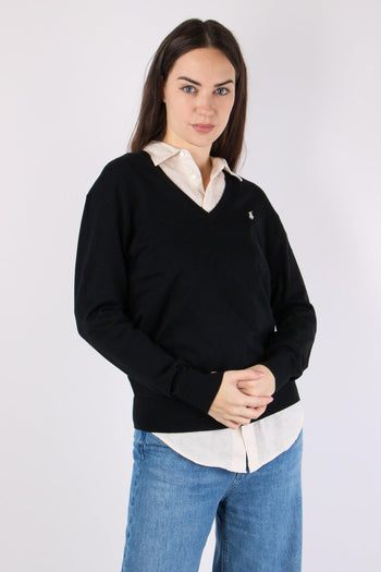 Pullover Cotone Scollo V Polo Black - 5