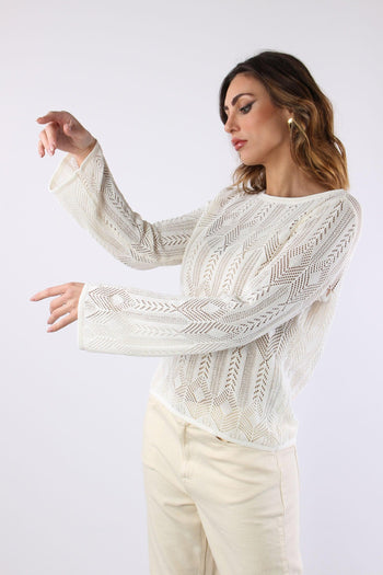 Maglia Macrame Manica Lunga Bianco Lana - 3