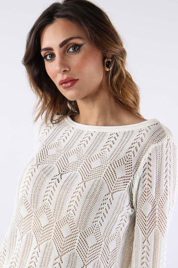 Maglia Macrame Manica Lunga Bianco Lana - 8