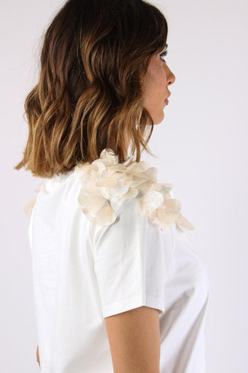 T-shir Applicazione Fiore Spalla Bianco - 7