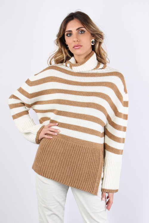 Maglia Riga Spacchi Cammello/latte