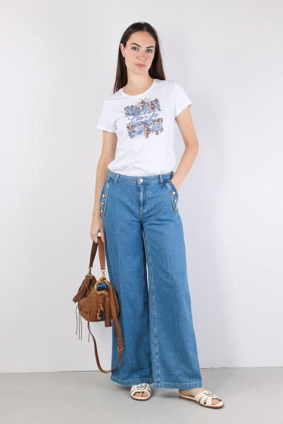 Jeans Flare Bottoni Strass Denim Chiaro