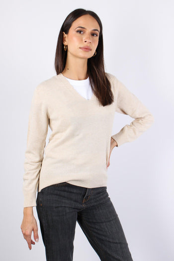 Maglia Misto Cashmere Scollo V Naturale - 4