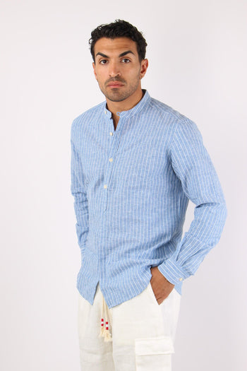 Camicia Coreana Lino Righe Azzurro/bianco - 2