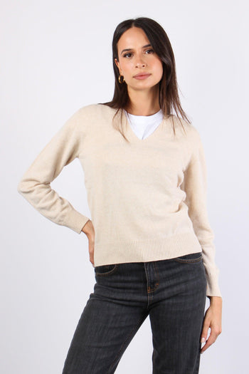 Maglia Misto Cashmere Scollo V Naturale - 5