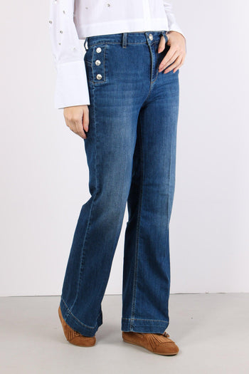 Jeans Flare Bottoni Argento Denim Scuro - 7