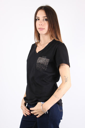 T-shirt Scollo V Taschino Stra Nero/strass - 5