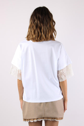 T-shirt Pizzo Inserto Manica Bianco - 4
