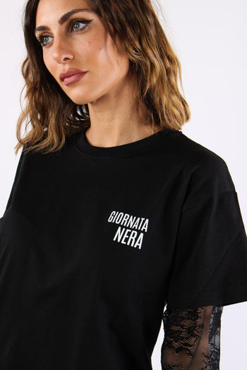 T-shirt Manica Pizzo Stampa Nero - 7