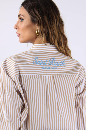 Camicia Cotone Riga Ricamo Schiena Bianco/beige - 6