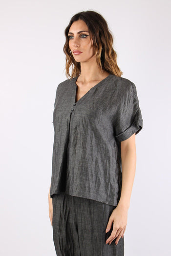 Blusa Scollo V Bottoni Grigio - 3