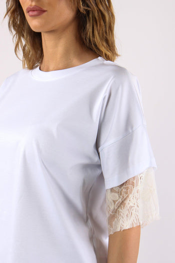 T-shirt Pizzo Inserto Manica Bianco - 7
