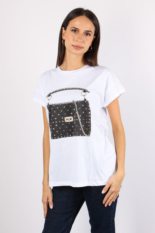 T-shirt Borsa Inserto Borchie Bianco - 2