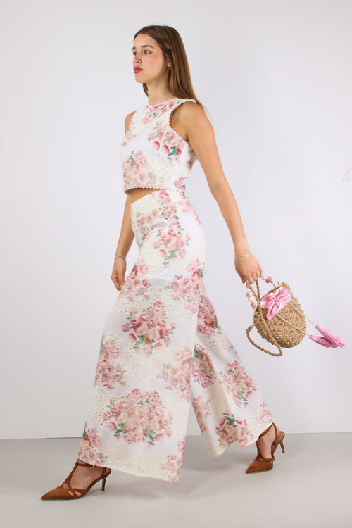 Pantalone Sangallo Fantasia Fiori Bianco/rosa
