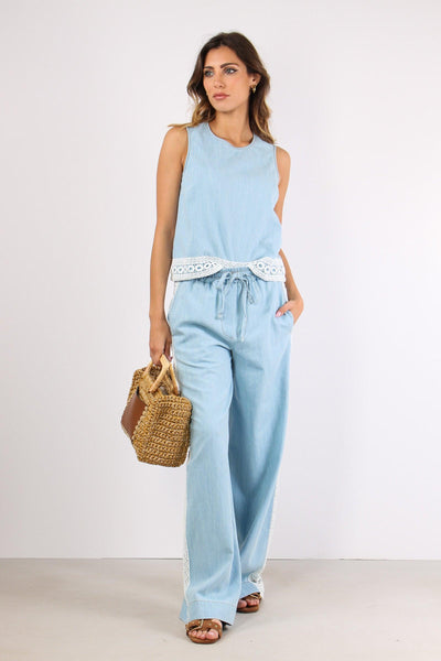 Pantalone Palazzo Banda Macram Denim