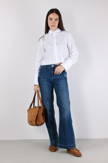 Jeans Flare Bottoni Argento Denim Scuro - 5