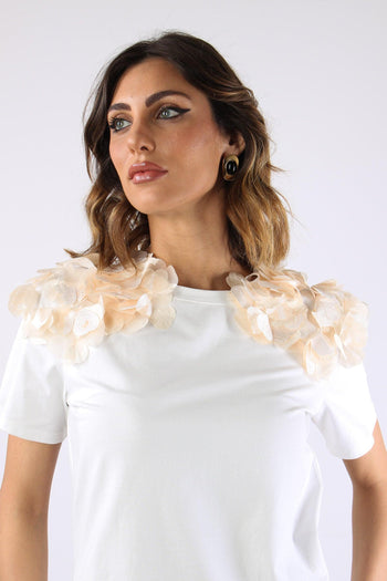 T-shir Applicazione Fiore Spalla Bianco - 3