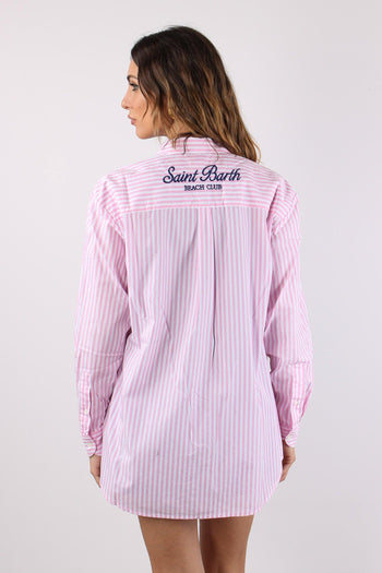 Camicia Cotone Riga Ricamo Schiena Bianco/rosa - 5