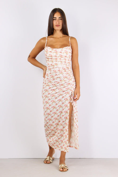 Abito Arriccio Fantasia Fiori Bianco