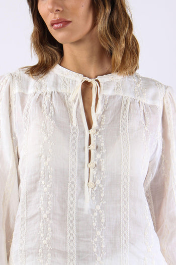 Blusa Ricami Laccetto Collo Panna - 8