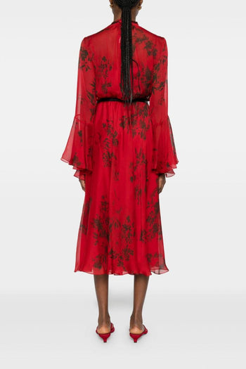 Abito Rosso Donna Midi Stampa Floreale - 5