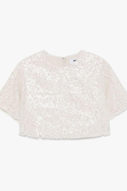 Blusa Beige Donna Crop Pizzo e Paillettes