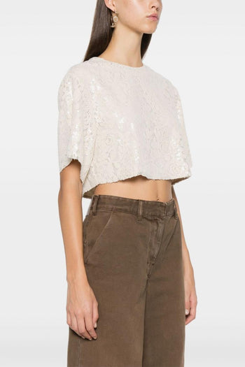 Blusa Beige Donna Crop Pizzo e Paillettes - 5