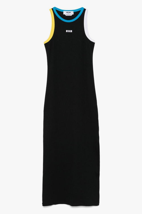 Donna Abito Nero Lungo con Profili a Contrasto