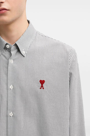 Ami Paris Camicia Uomo Righe Bianco-Nero Ricamo Cuore Rosso - 4