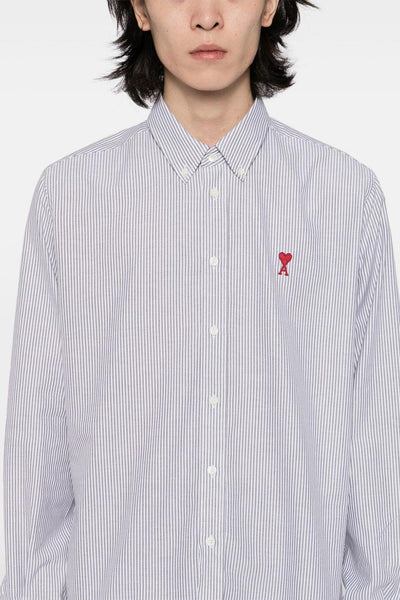 Ami Paris Camicia Uomo Righe Bianco-Nero Ricamo Cuore Rosso