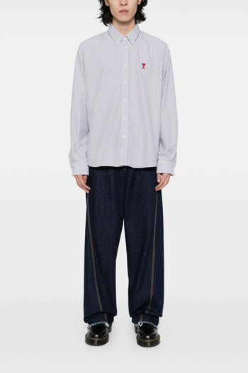 Ami Paris Camicia Uomo Righe Bianco-Nero Ricamo Cuore Rosso - 2