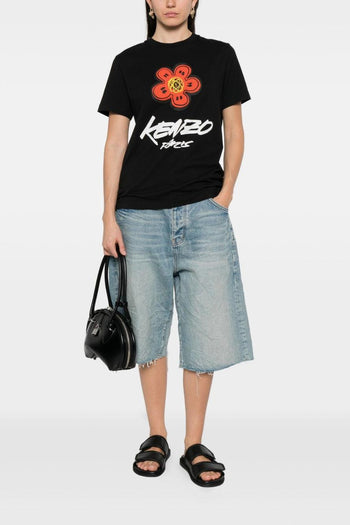 T-shirt Nero Donna Logo con Fiore - 2